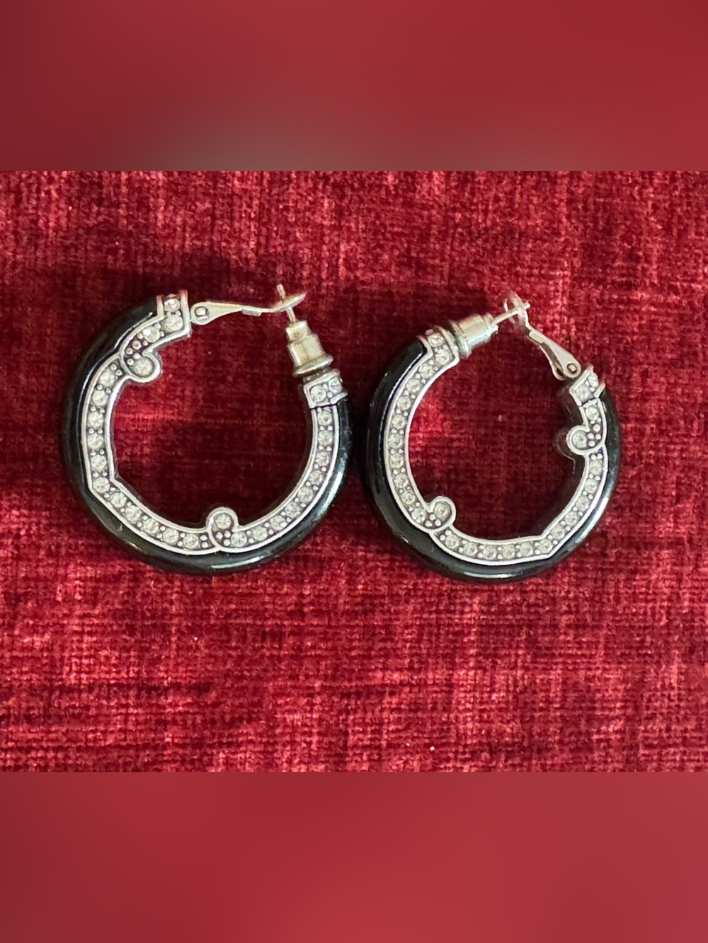 Retired Brighton Black Hoop Earrings with Clear Swarovski Crystal Accents.